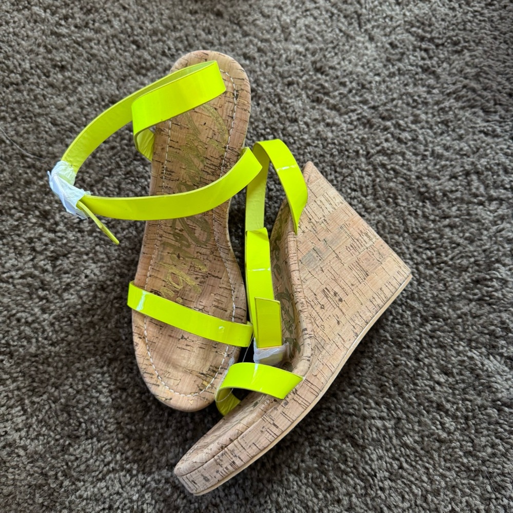 Neon Yellow Cork Wedge Sandals - Women's Open Toe Slip-On - Picture 4 of 7